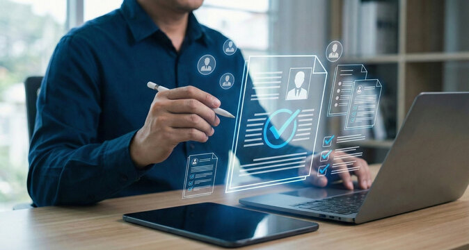 Digital invoice processing, billing management. man using laptop to managing payment, checklist financial workflow, electronic statements. Online invoice processing and tax accounting solutions.  - Powered by Adobe