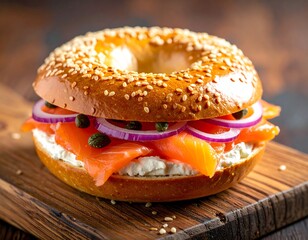 Open-Faced Smoked Salmon Bagel with Cream Cheese and Capers