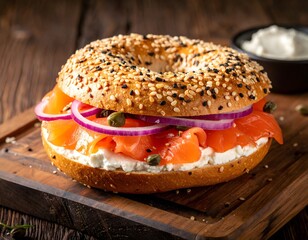 Open-Faced Smoked Salmon Bagel with Cream Cheese and Capers