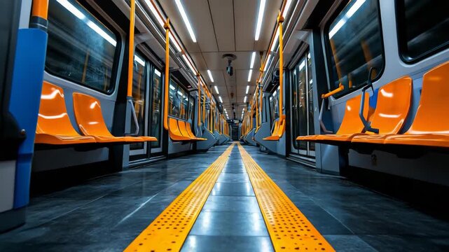 Empty subway train interior with orange seats and yellow safety lines during off-peak hours