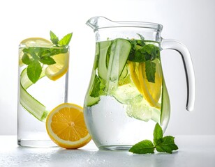 Fresh Cucumber and Lemon Detox Water Pitcher with Mint and Condensation