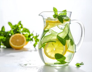Fresh Cucumber and Lemon Detox Water Pitcher with Mint and Condensation