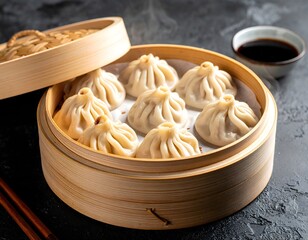Steaming Bamboo Basket of Pork Soup Dumplings with Soy Sauce