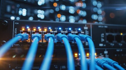 Network server rack data cables blinking lights information technology connections - Powered by Adobe