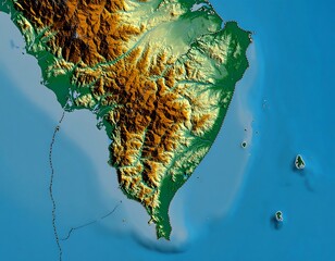 Topographic map of a coastal landmass, showcasing mountains and valleys, with ocean detail