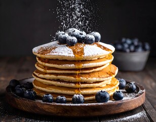 Powdered Sugar Being Dusted on Blueberry Pancakes with Maple Syrup
