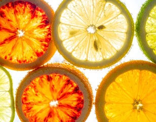 Backlit Citrus Slices of Lemon Lime and Orange Floating in Water