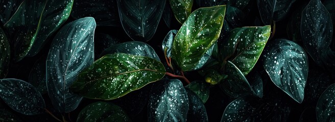 Fototapeta premium A close-up of lush, dark green leaves with water droplets. Intense color and texture