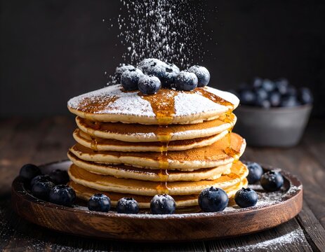 Powdered Sugar Being Dusted on Blueberry Pancakes with Maple Syrup - Powered by Adobe