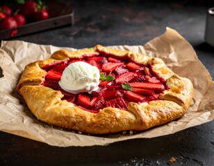 Rustic Strawberry Rhubarb Galette with Melting Ice Cream on Parchment