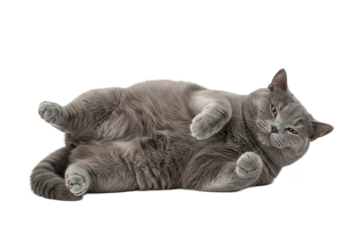 Chubby gray cat laying belly up with paws slightly curled in calm and playful mood, showing soft fur and relaxed posture in high resolution image