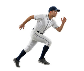 Baseball player in white uniform running isolated on white background