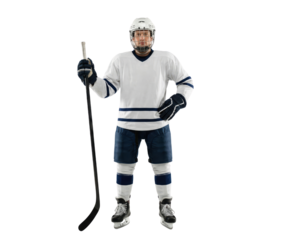 Full length ice hockey player in white jersey holding stick on white background