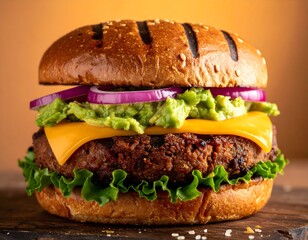Juicy Plant-Based Burger with Melting Vegan Cheese and Smashed Avocado