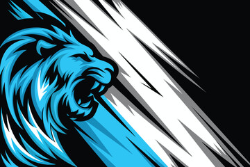 A striking blue lion head illustration with dynamic speed lines on a black © MAYENUDDIN