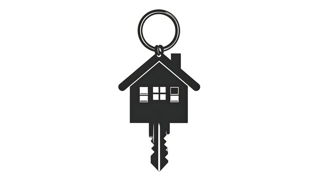 A simple black house-shaped key with a silver ring isolated on a plain white background in a minimalist style