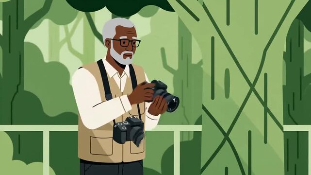 Elderly Photographer Capturing Images Of Nature In A Lush Green Forest Environment