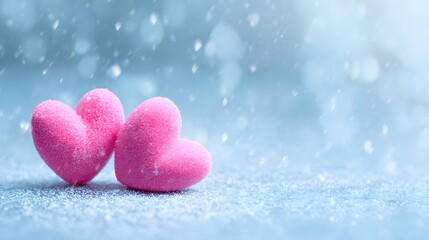 Obraz premium Two pink hearts on a blue background with snow and a bokeh effect. Valentines day background, copy space