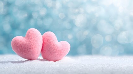 Obraz premium Two pink hearts on a blue background with snow and a bokeh effect. Valentines day background, copy space