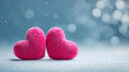 Fototapeta premium Two pink hearts on a blue background with snow and a bokeh effect. Valentines day background, copy space