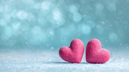 Fototapeta premium Two pink hearts on a blue background with snow and a bokeh effect. Valentines day background, copy space