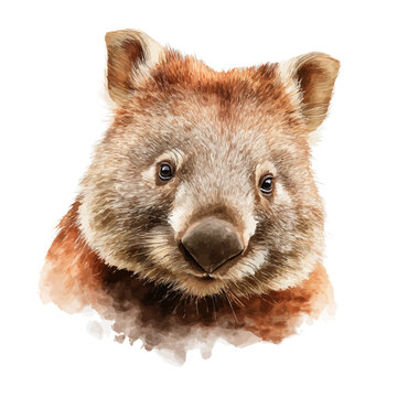 Watercolor vector illustration of Wombat Head, isolated on white background.
