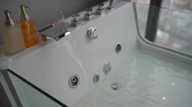 The bath fills with water. modern bathroom sink and faucet. Fills the water from the tap into the white bathtub in this modern and luxurious bathroom.