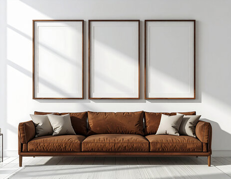 Minimalist Living Room with Brown Sofa, Plants, and Three Blank Mockup Frames interior couch