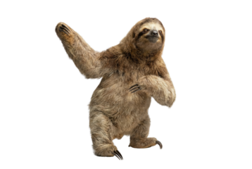 Funny dancing sloth standing upright isolated on white background