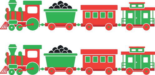 Two identical christmas colored toy trains with coal car, passenger car, and caboose © Md. Akter Hossein