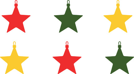 Six christmas star ornaments in red, green, and yellow colors