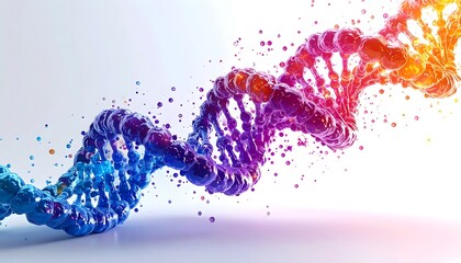 3D rendered DNA helix with vibrant, gradated blue, purple, and orange hues, and scattered particulate around its structure