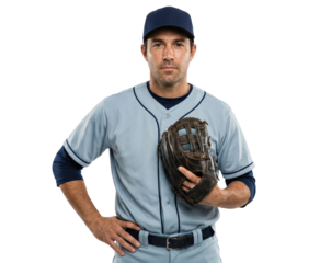 Serious baseball player in light blue uniform holding glove on white background