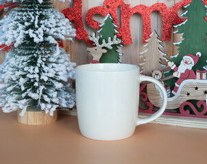 Christmas white mug mockup, Happy new year decoration
