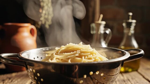 Dramatic close-up of freshly cooked spaghetti releasing soft white steam as it rests in a stainless steel colander in a dimly lit rustic kitchen backlit, culinary process, texture