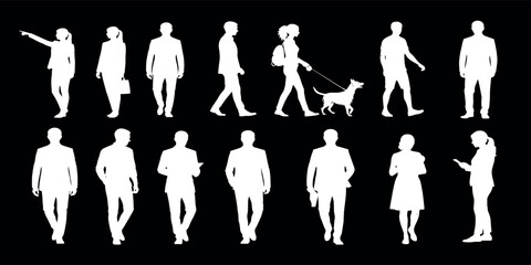 Dynamic collection of diverse human silhouettes in white, illustrating various daily activities and interactions, perfect for architectural drawings, urban planning, and graphic design projects