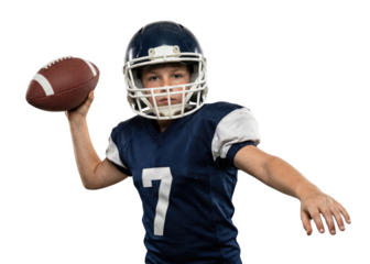 Young boy football quarterback throwing ball in blue uniform isolated