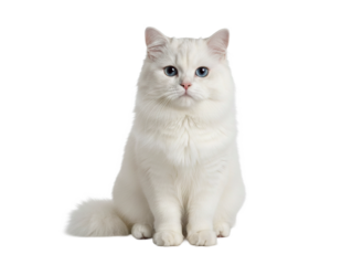Fluffy white cat with soft fur and striking blue eyes sitting upright, showing calm and gentle expression, isolated on transparent background for clear focus