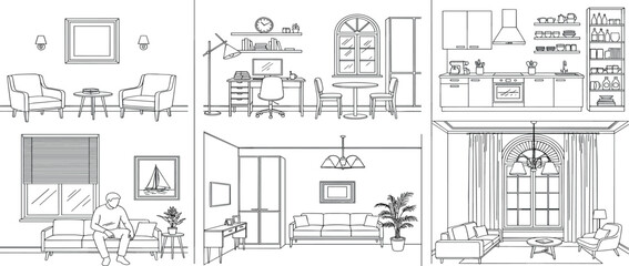 Naklejka premium Collection of Line Art Illustrations Depicting Diverse Home Interior Rooms, Showcasing Furniture Arrangements for Living Spaces, Modern Kitchens, and Functional Offices