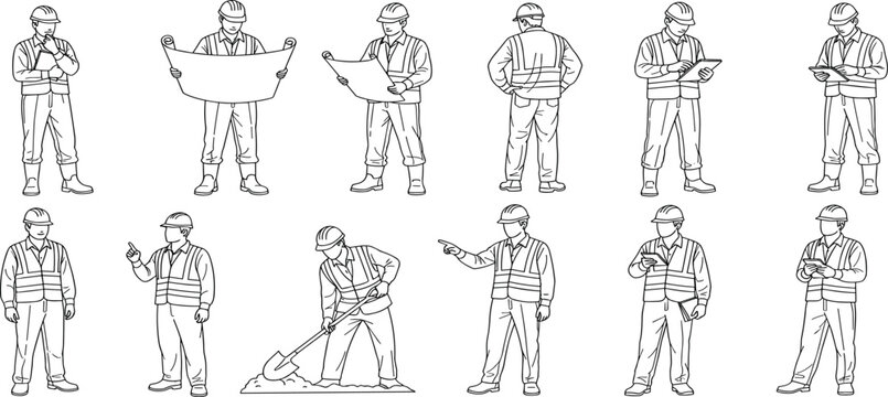 Set of diverse construction worker poses, engineering professionals, and builders in various work scenarios for industry and development projects