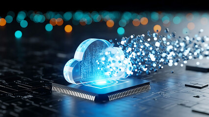 Cloud computing technology concept with glowing blue cloud icon on a microchip