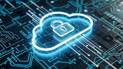 Cloud computing security and data protection with lock and circuit board background