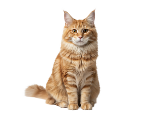 Fluffy orange tabby cat sitting with thick fur texture and alert expression isolated on transparency background, showing detailed striped pattern and bushy tail in calm pose