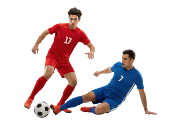 Soccer players in red and blue uniforms tackling for ball isolated on white