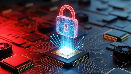 Neon lock on circuit board symbolizing cybersecurity and data protection