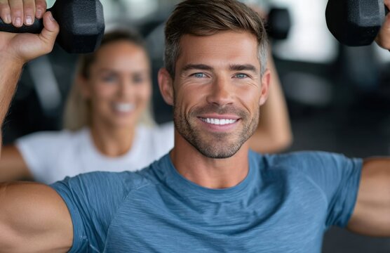 a man in a blue t-shirt and black shorts is working out with a kettlebell at the gym - Powered by Adobe