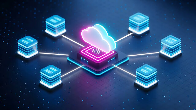 Network connection and data exchange illustration with central hub and servers
