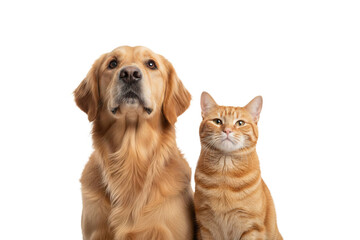 Golden retriever dog and orange tabby cat sitting side by side looking up with calm and happy expressions, isolated on transparency background in high resolution