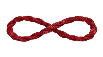 Red intertwined rope forming an infinity loop symbolizing endless love, eternity, continuity, spiritual journey, balance and limitless concepts on transparent background