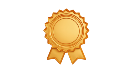 Golden rosette award badge with ribbon symbolizing victory, achievement, quality guarantee, and premium recognition for top performers on transparent background